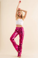 Load image into Gallery viewer, 32842P - Mid Rise Iridescent Square Disc Sequin Pants: M / HOT PINK
