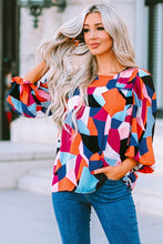 Load image into Gallery viewer, Color Block Crewneck Ruffled Puff Sleeve Blouse
