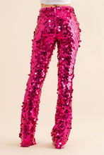 Load image into Gallery viewer, 32842P - Mid Rise Iridescent Square Disc Sequin Pants: S / HOT PINK
