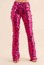 Load image into Gallery viewer, 32842P - Mid Rise Iridescent Square Disc Sequin Pants: M / HOT PINK
