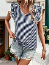 Load image into Gallery viewer, Lace Detail Ruffled Striped V-Neck Cap Sleeve Blouse
