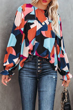 Load image into Gallery viewer, Color Block Crewneck Ruffled Puff Sleeve Blouse
