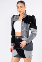 Load image into Gallery viewer, American Bazi Button Up Cropped Patchwork Denim Jacket
