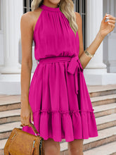 Load image into Gallery viewer, Ruched Grecian Neck Tie Waist Mini Dress
