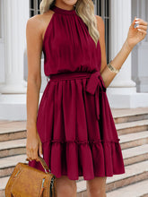 Load image into Gallery viewer, Ruched Grecian Neck Tie Waist Mini Dress
