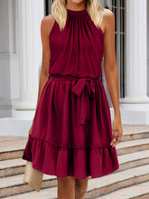 Load image into Gallery viewer, Ruched Grecian Neck Tie Waist Mini Dress
