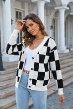 Load image into Gallery viewer, Button-Up Plaid V-Neck Dropped Shoulder Cardigan
