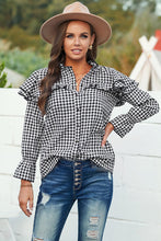 Load image into Gallery viewer, Black Plaid Button Ruffle Shirt
