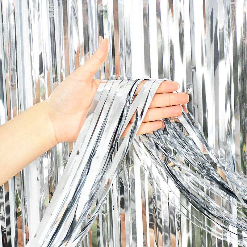 Ellie's Party Supply - Silver Metallic Fringe Tinsel Curtain Backdrop (2 pack)