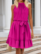 Load image into Gallery viewer, Ruched Grecian Neck Tie Waist Mini Dress
