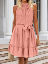 Load image into Gallery viewer, Ruched Grecian Neck Tie Waist Mini Dress
