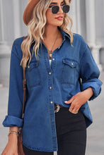 Load image into Gallery viewer, Collared Neck Dropped Shoulder Denim Top
