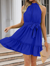 Load image into Gallery viewer, Ruched Grecian Neck Tie Waist Mini Dress
