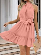 Load image into Gallery viewer, Ruched Grecian Neck Tie Waist Mini Dress
