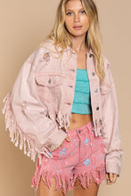 Load image into Gallery viewer, Fringe Distressed Crop Denim Jacket
