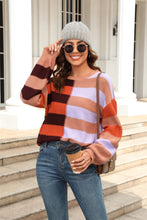 Load image into Gallery viewer, Round Neck Long Sleeve Color Block Dropped Shoulder Pullover Sweater
