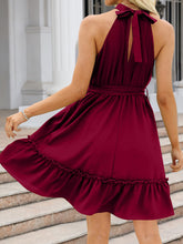 Load image into Gallery viewer, Ruched Grecian Neck Tie Waist Mini Dress
