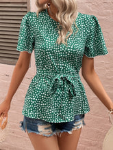 Load image into Gallery viewer, Heart Print Tie Belt Puff Sleeve Blouse
