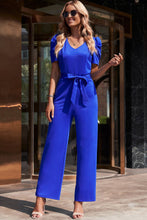 Load image into Gallery viewer, Belted Puff Sleeve V-Neck Jumpsuit
