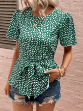 Load image into Gallery viewer, Heart Print Tie Belt Puff Sleeve Blouse
