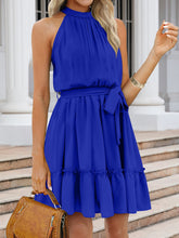 Load image into Gallery viewer, Ruched Grecian Neck Tie Waist Mini Dress
