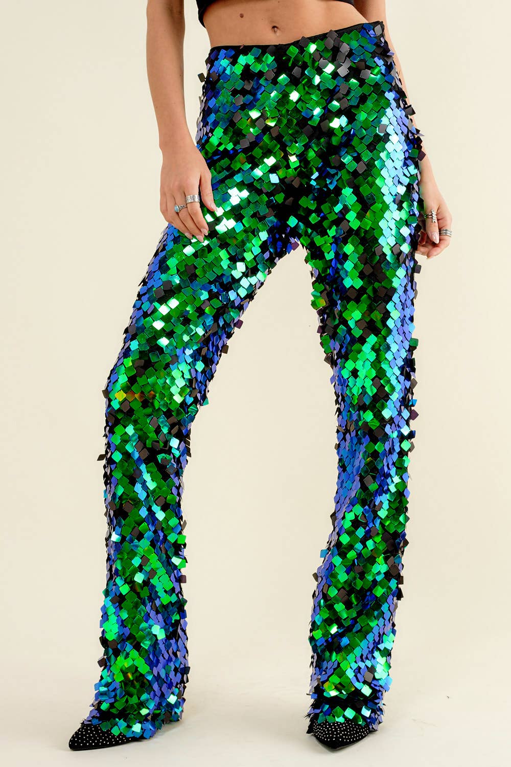 32842P - Mid Rise Iridescent Square Disc Sequin Pants: S / HOT PINK