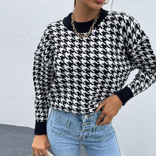 Load image into Gallery viewer, Houndstooth Round Neck Drop Shoulder Sweater
