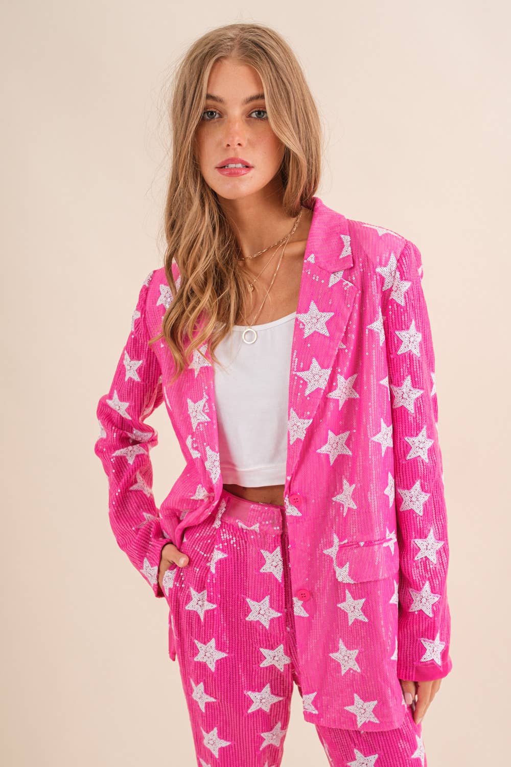 32717SET - Star Sequin Single Blazer with Pants Set: SMALL / HOT PINK