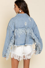 Load image into Gallery viewer, Fringe Distressed Crop Denim Jacket
