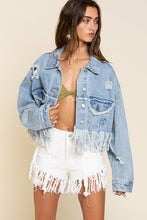 Load image into Gallery viewer, Fringe Distressed Crop Denim Jacket
